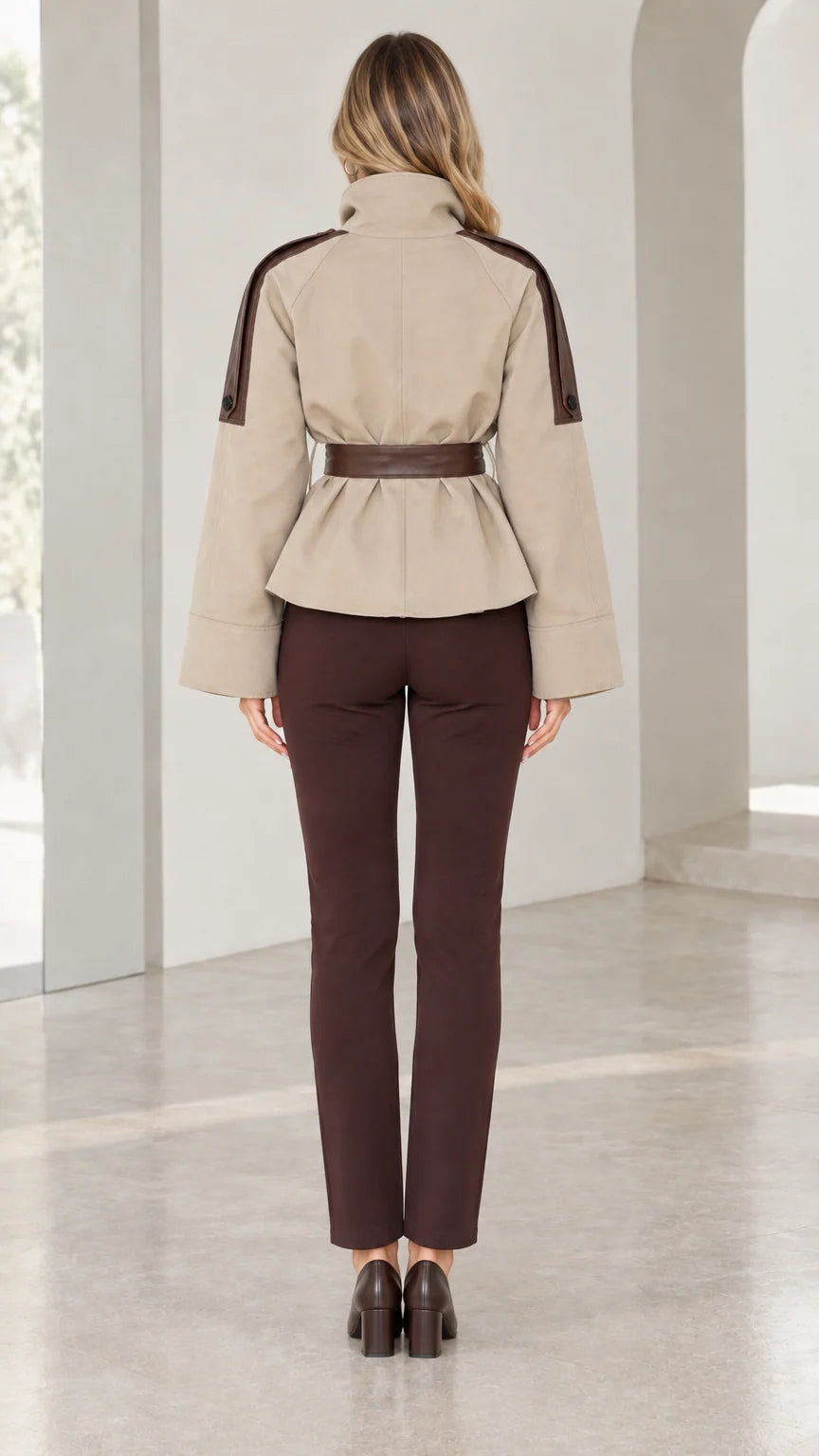 Back view of beige belted short jacket showing waist tie and shoulder detailing