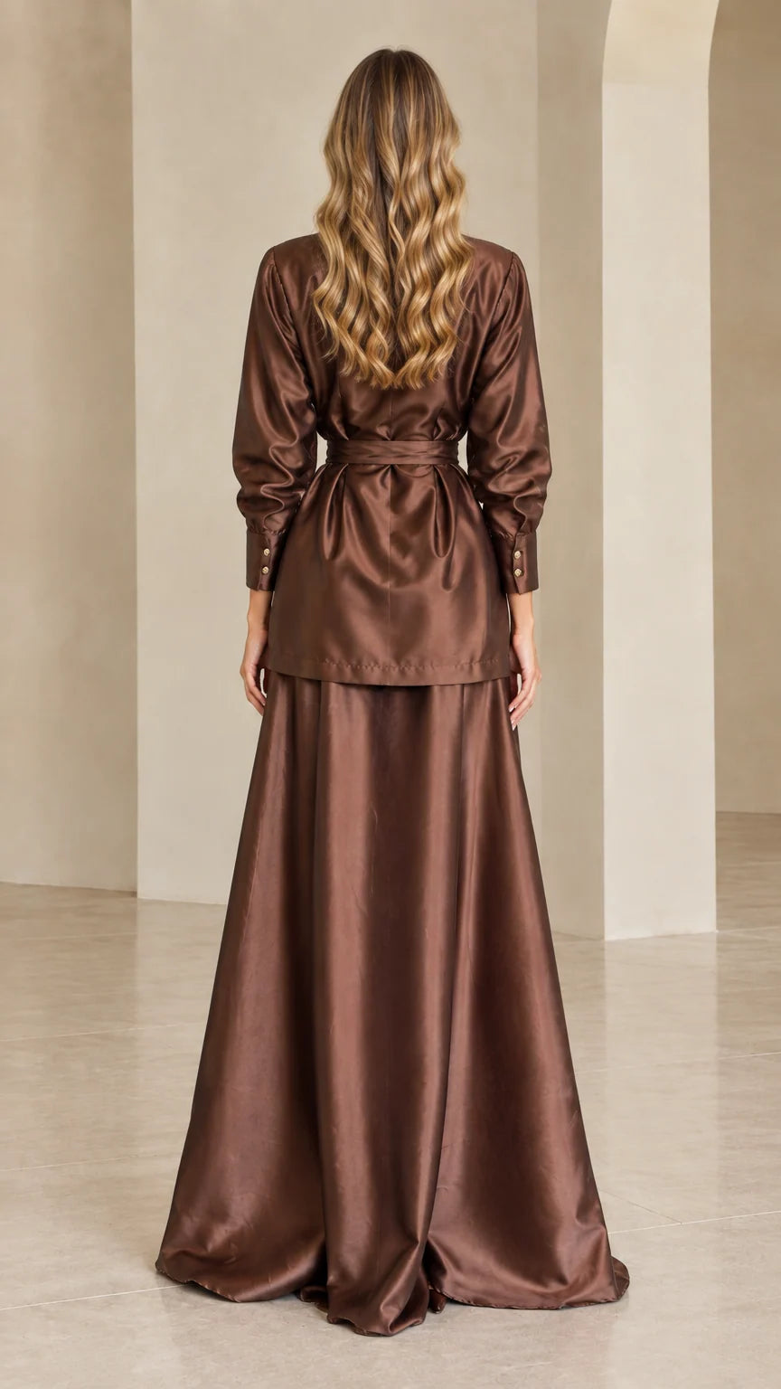 Back view of chocolate brown satin blazer and floor-length skirt set