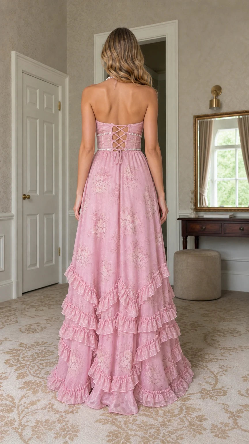 Back view of model showing lace-up corset detail on pink maxi dress