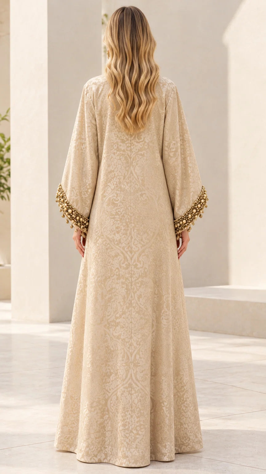 Back view of Champagne embossed damask floor-length abaya