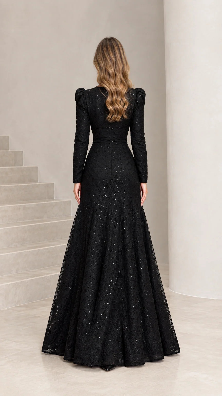 Back view of black sequin lace formal gown with concealed zipper