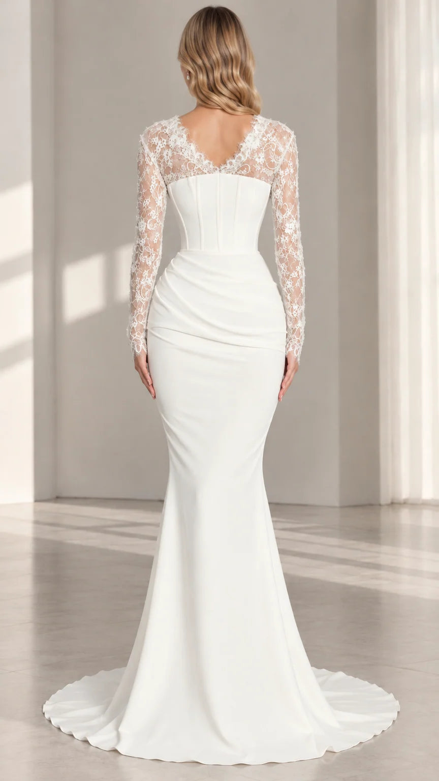 Back view of white lace back corset mermaid evening gown with train