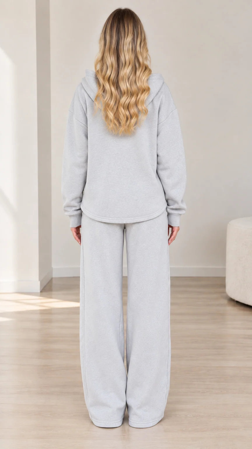 Back view of Heather Grey fleece hoodie and wide-leg sweatpants set