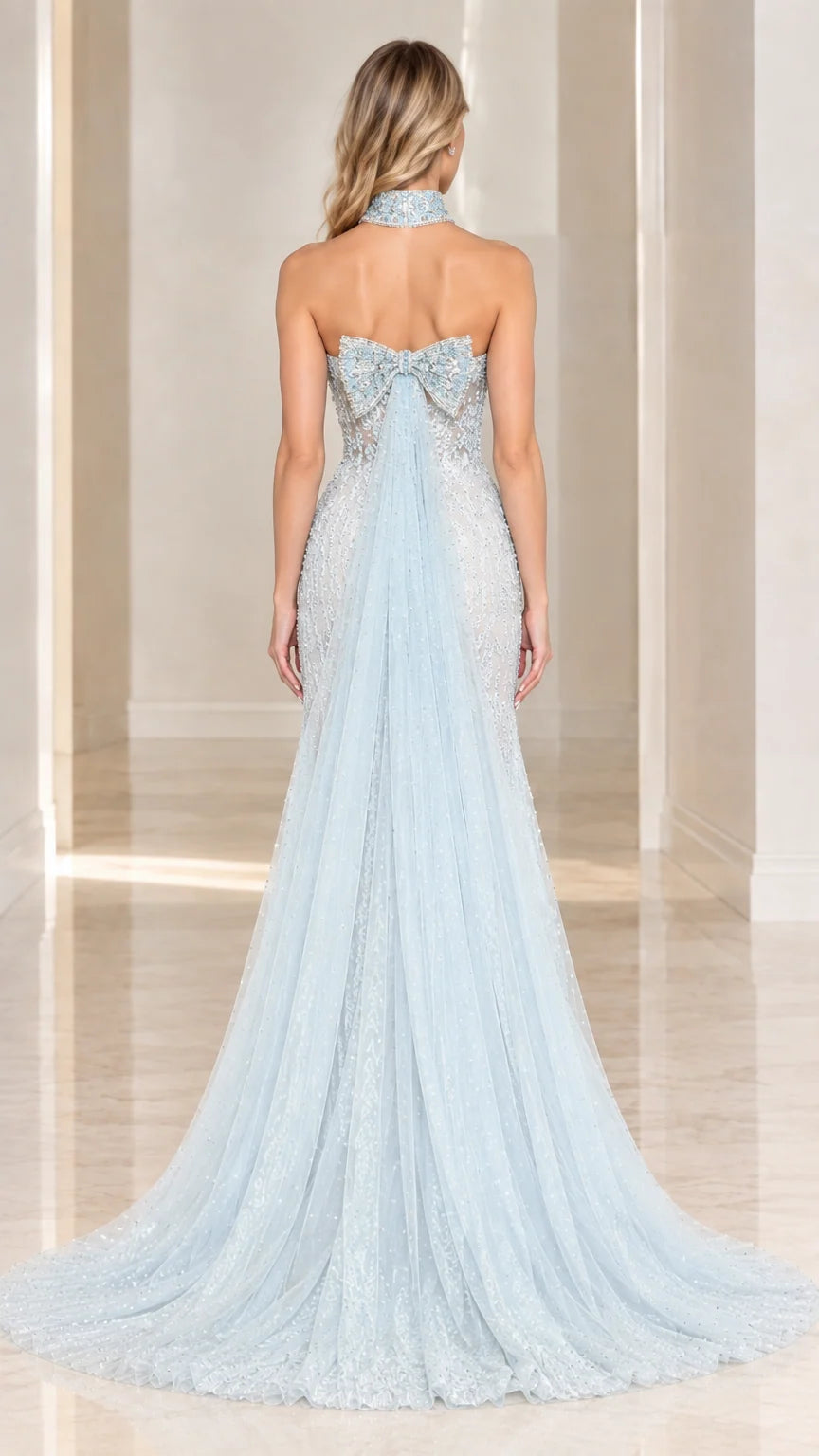 Back view of model wearing Light Blue evening gown featuring bow detail and train
