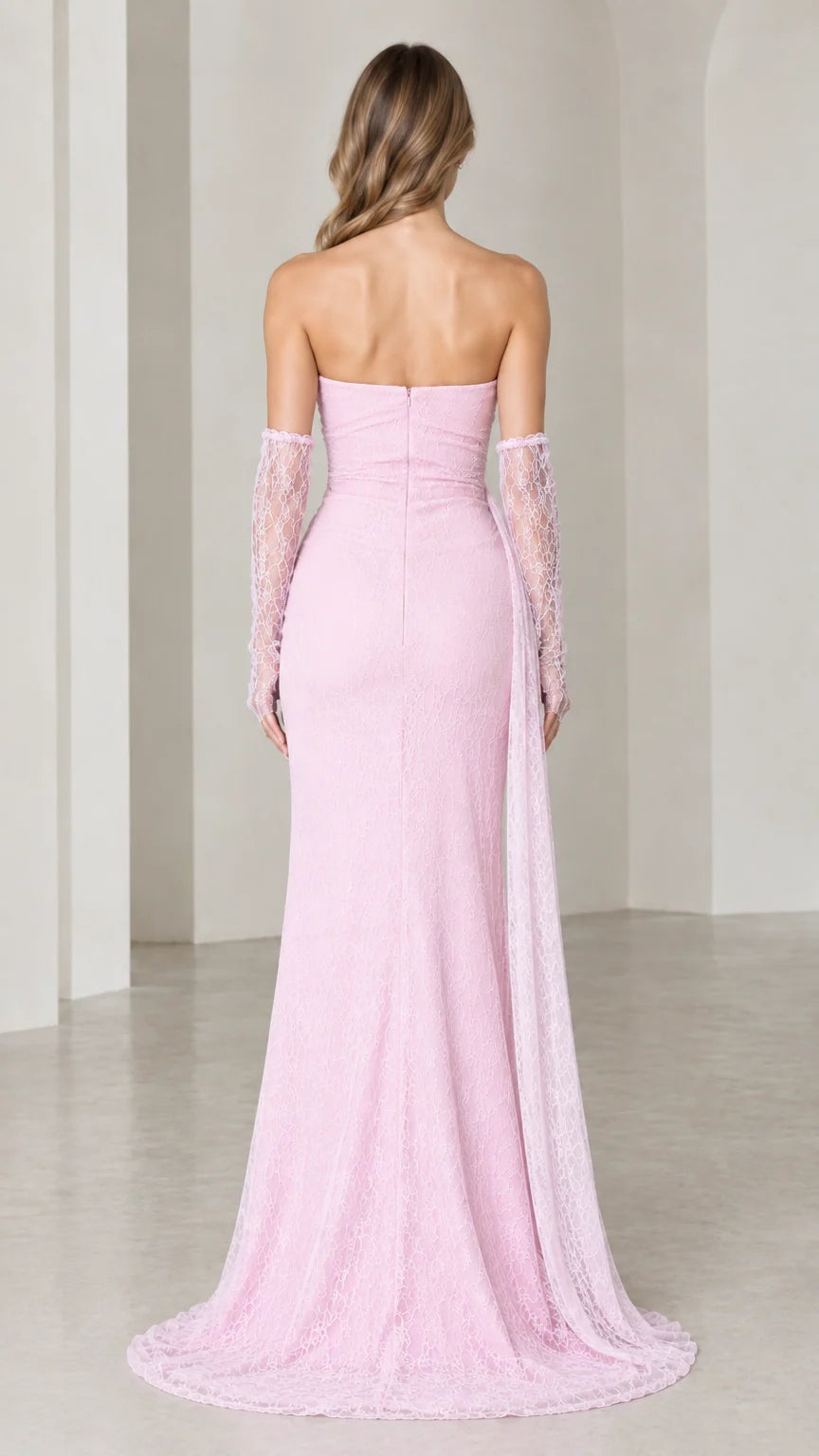 Back view of strapless pink lace formal evening dress