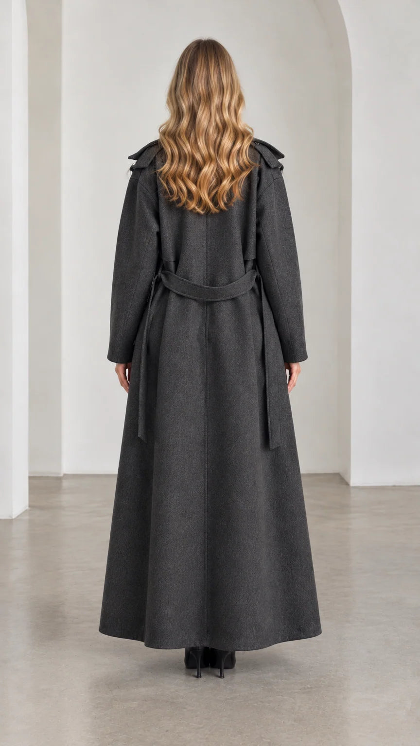 Back view of model wearing Charcoal Grey longline belted trench overcoat