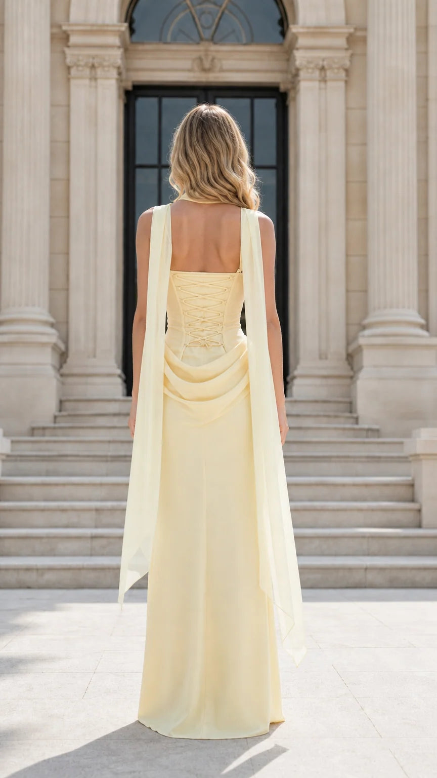 Back view of model showing lace-up corset back and draped scarf detail on yellow dress