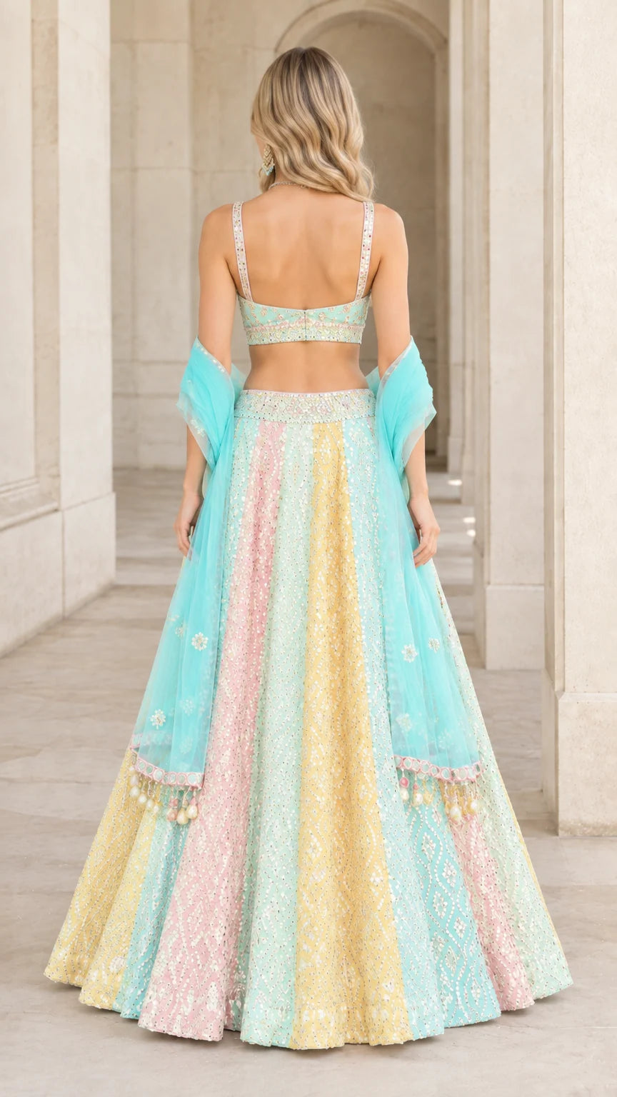 Back view of model in pastel multi panel lehenga with sweetheart choli back