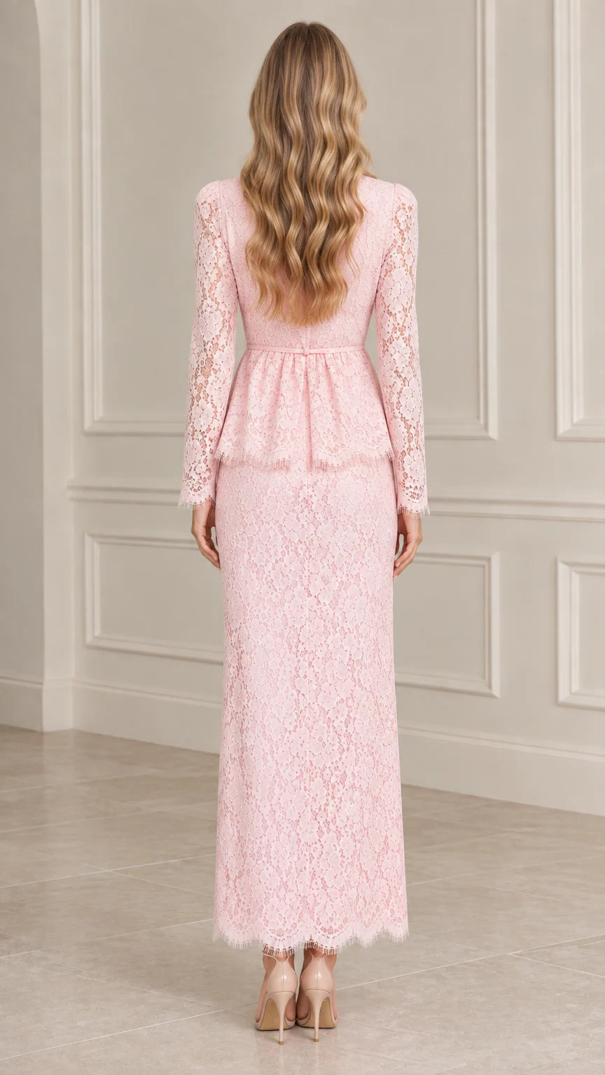 Back view of model wearing Blush Pink floral lace peplum maxi dress