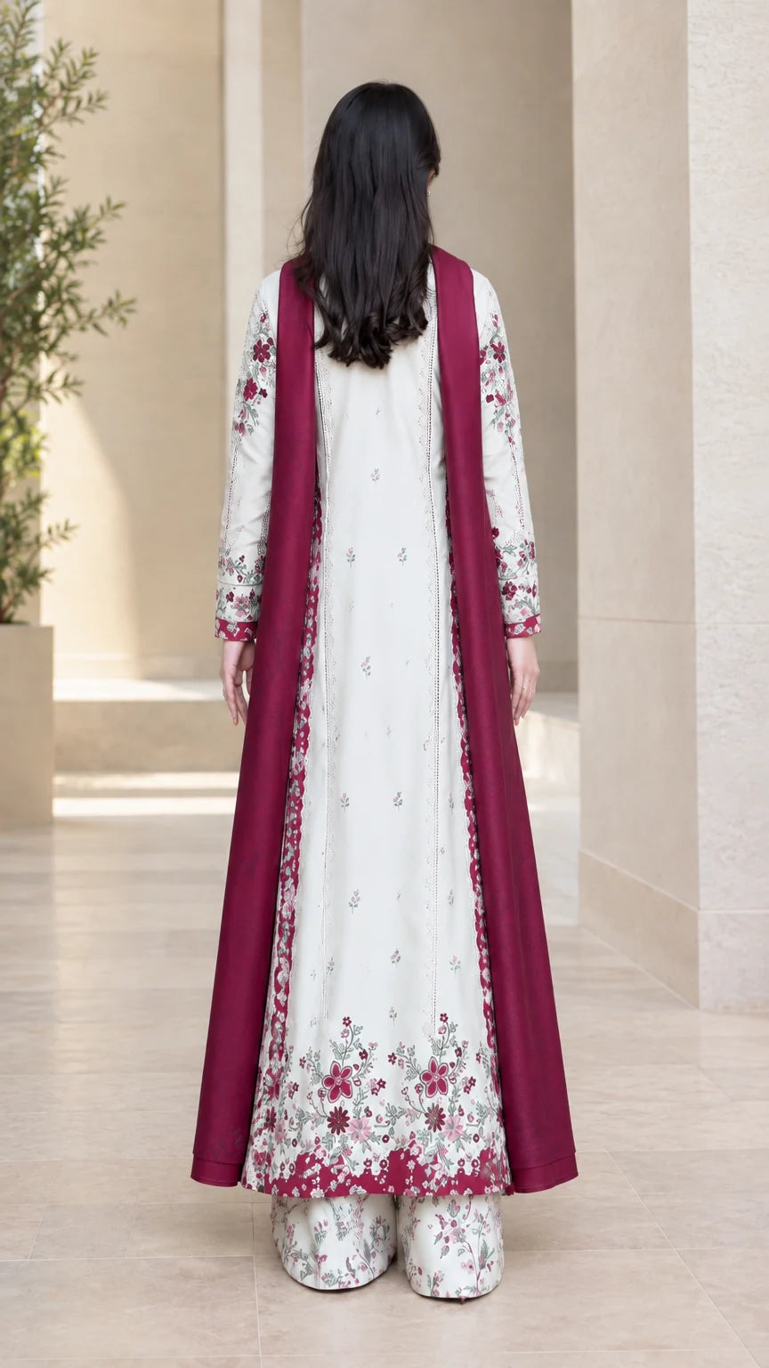 Back full view of off-white 3-piece ethnic kurta set with berry dupatta