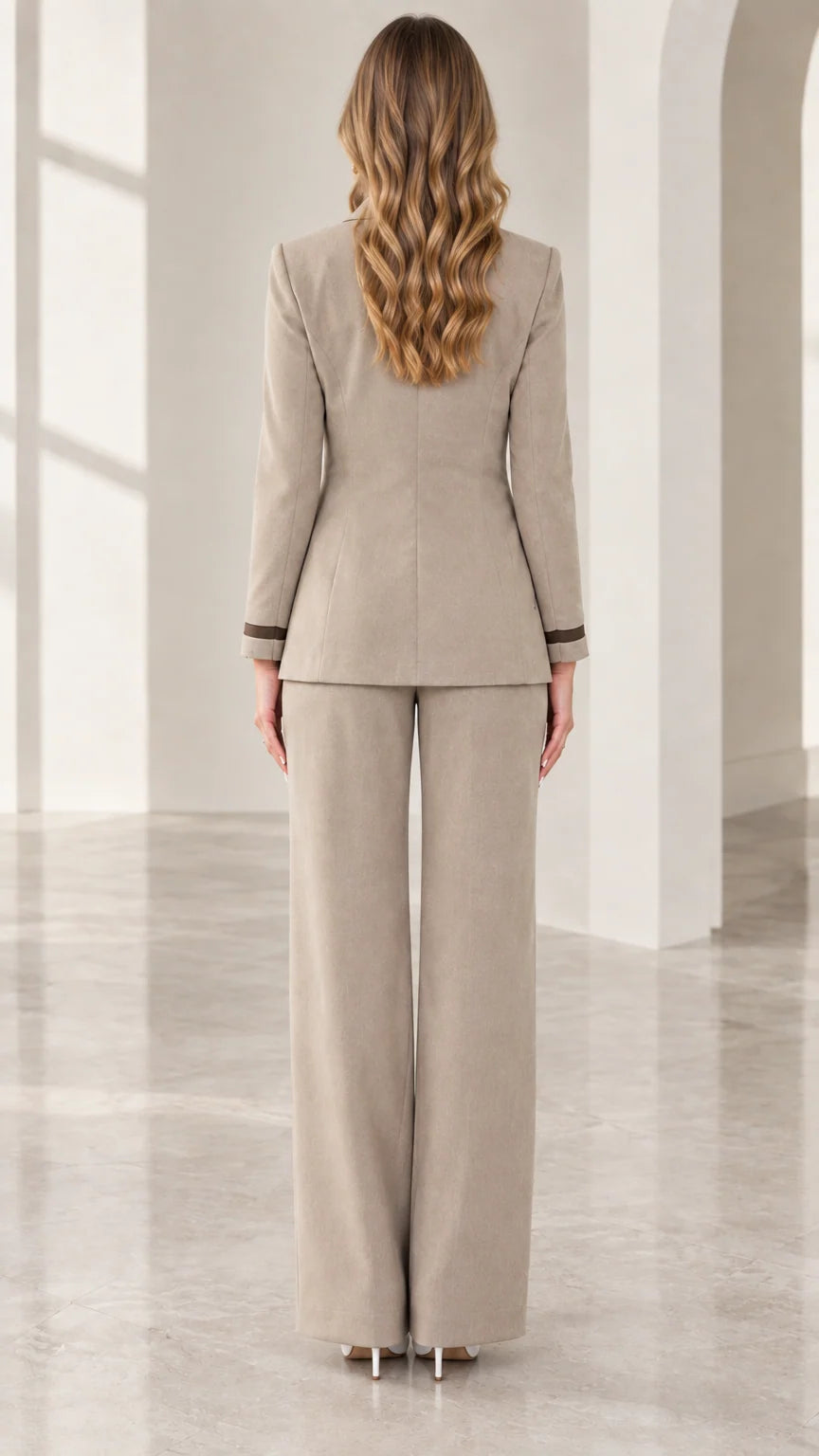 Back view of woman wearing taupe blazer and matching wide-leg trousers