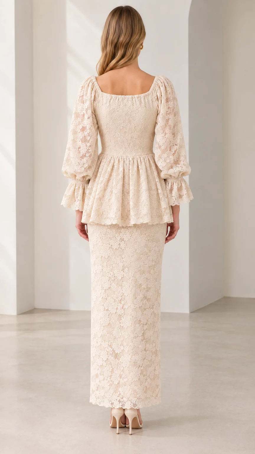 Back view of Cream Floral Lace Square Neck Long Sleeve Maxi Dress