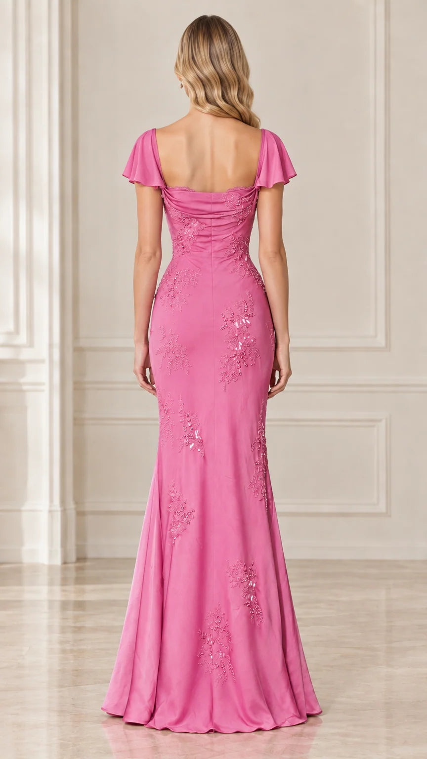 Back view of Rose Pink square back mermaid evening dress