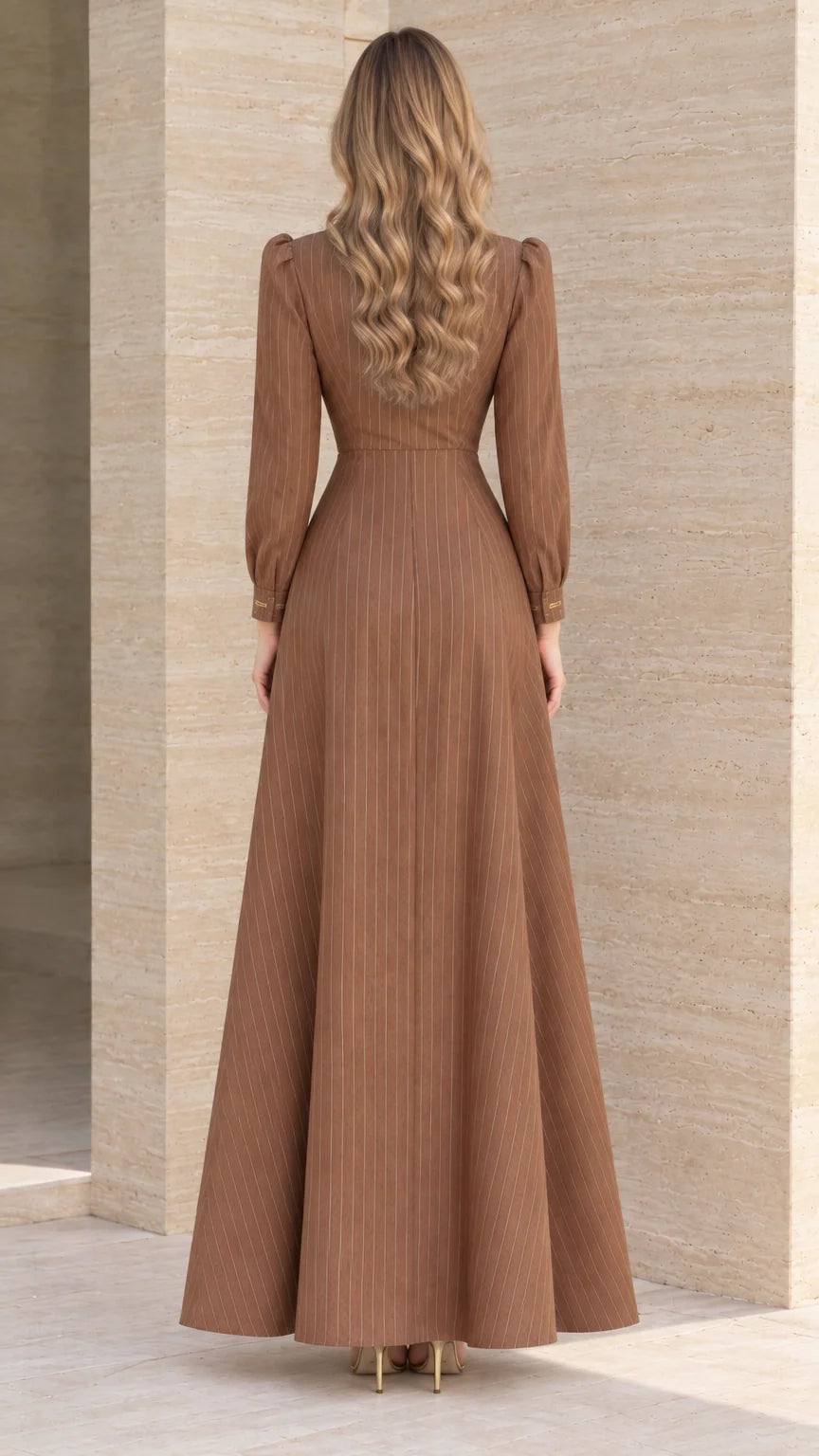 Back view of brown A-line pinstripe maxi dress showing fitted waist