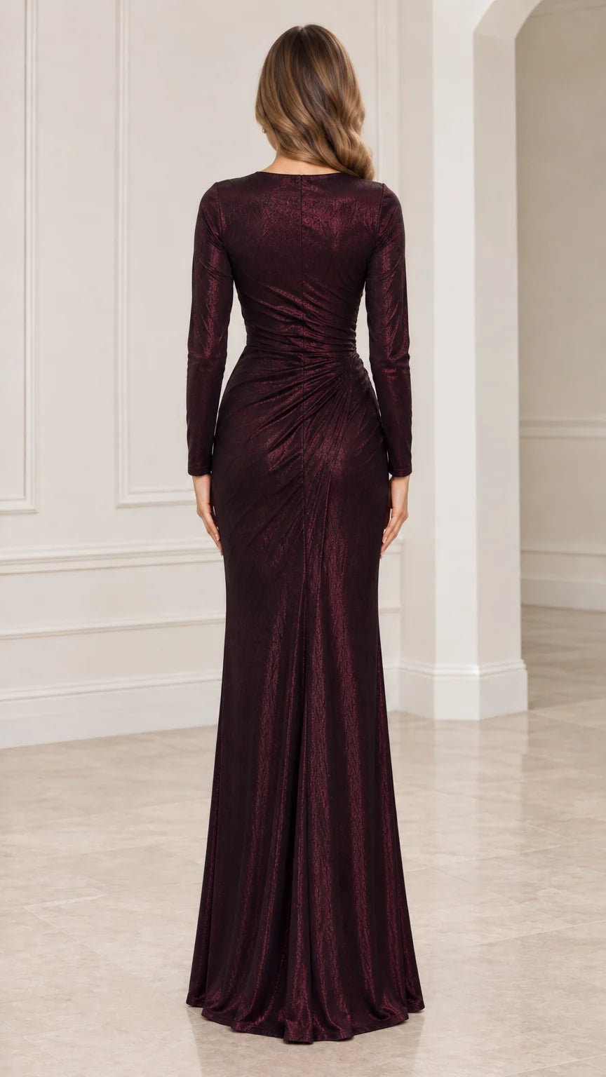 Back view of model wearing Burgundy long sleeve ruched evening dress