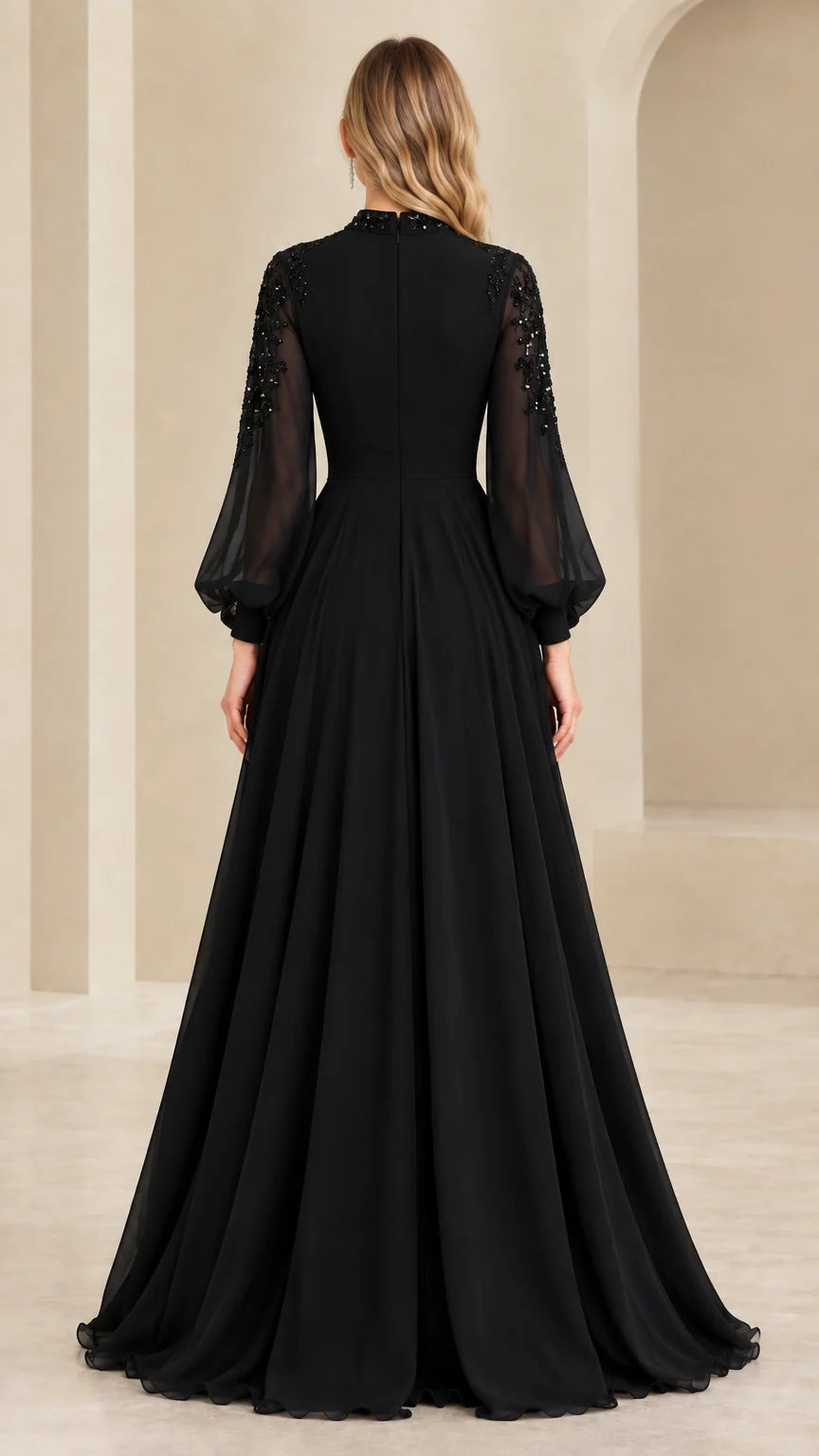 Back full view of black high neck chiffon floor-length evening dress