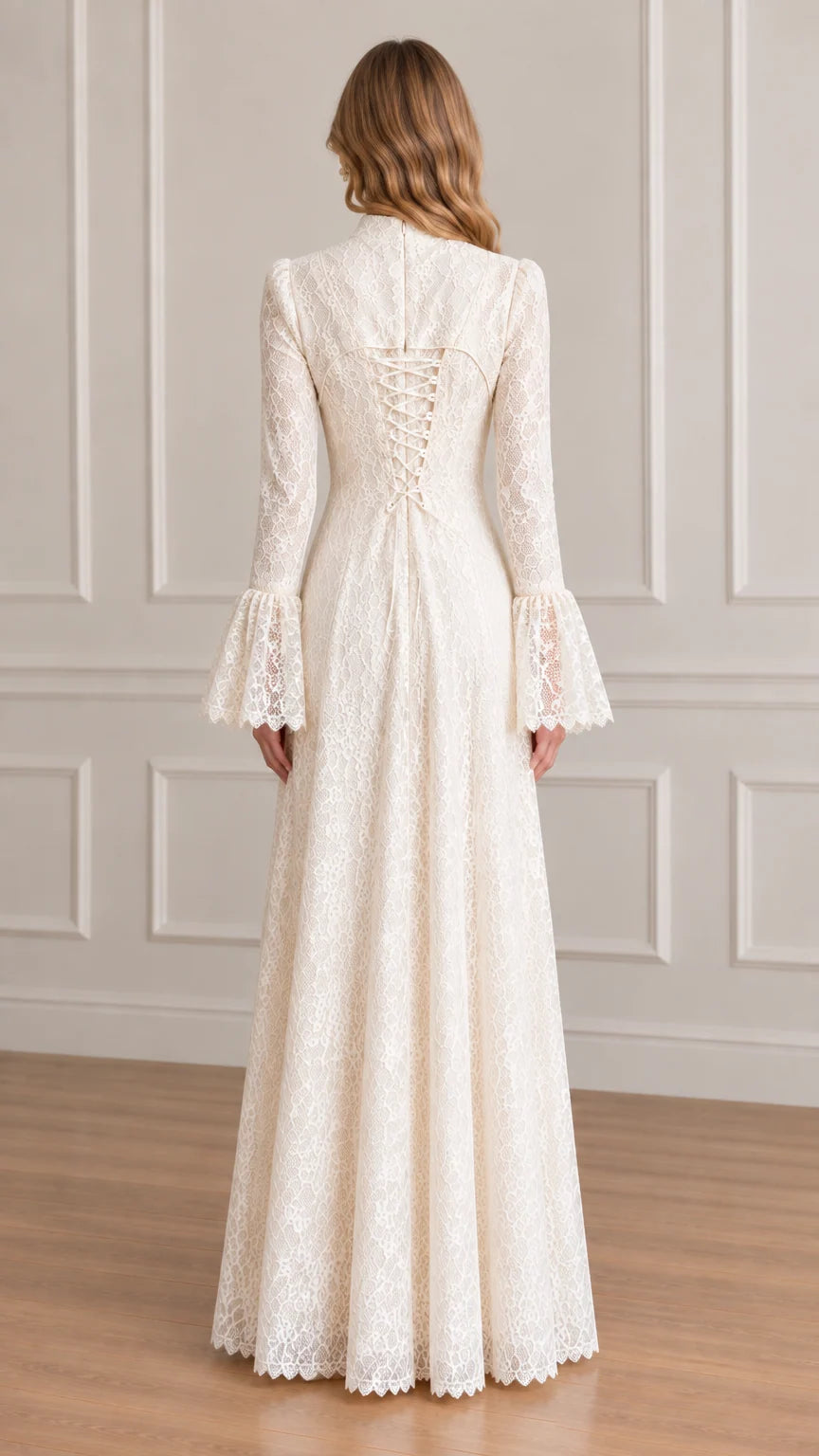 Back view of ivory lace maxi dress showing adjustable corset lace-up detail