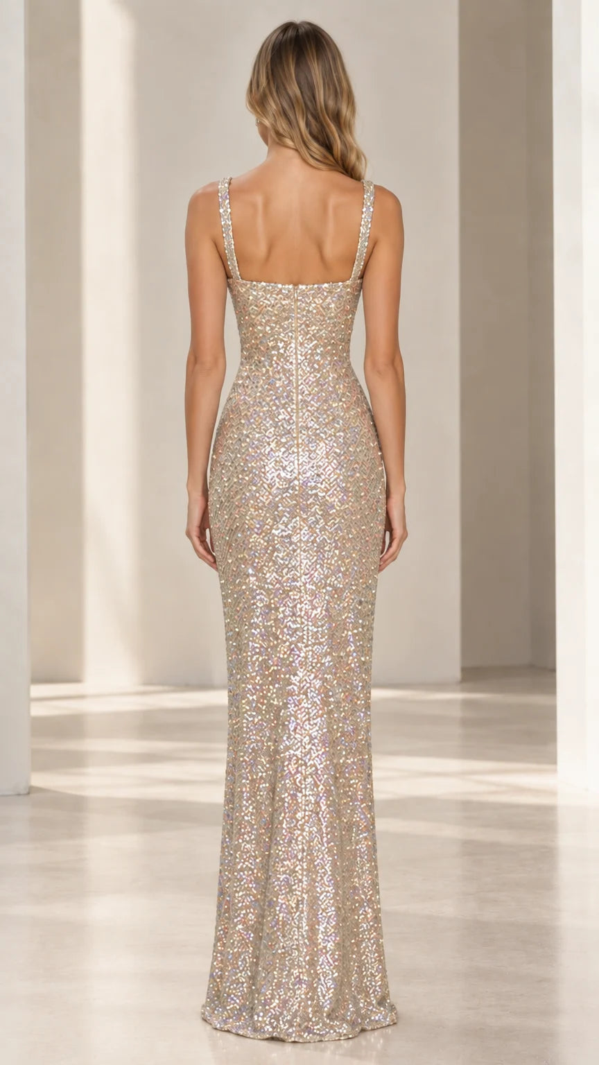 Champagne sequin sleeveless evening gown back view showing square neckline