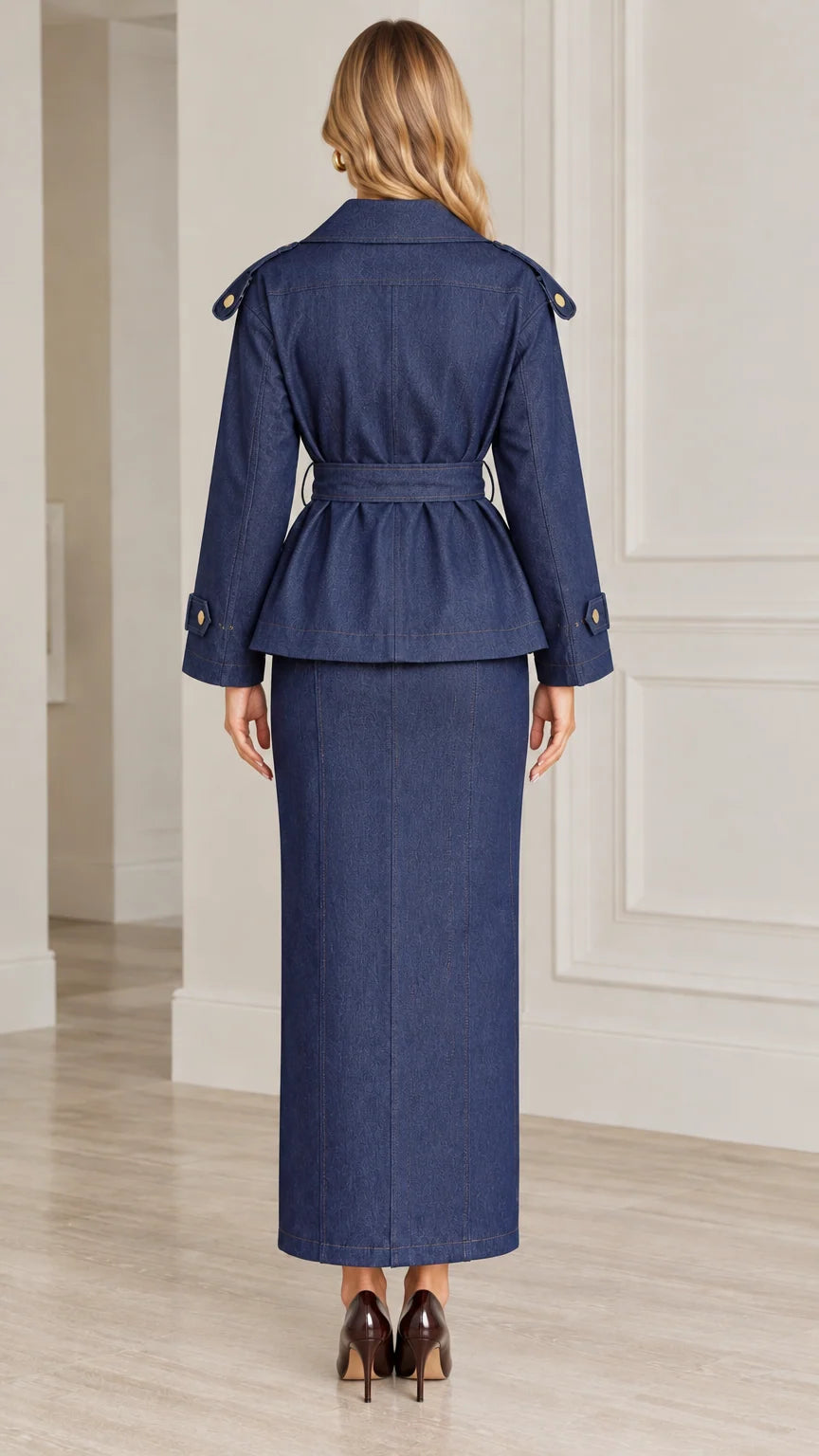 Back view of model wearing Denim Blue belted trench jacket and maxi skirt