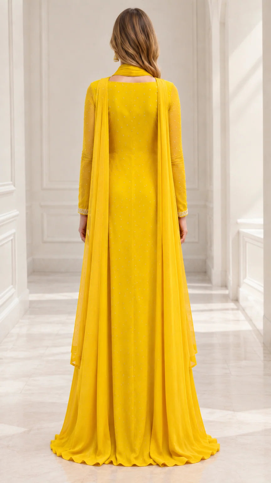 Back view of yellow floor-length formal gown highlighting draped cape panels