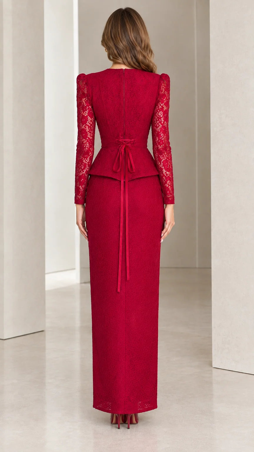 Back view of burgundy lace dress set highlighting corset tie ribbon and back zipper