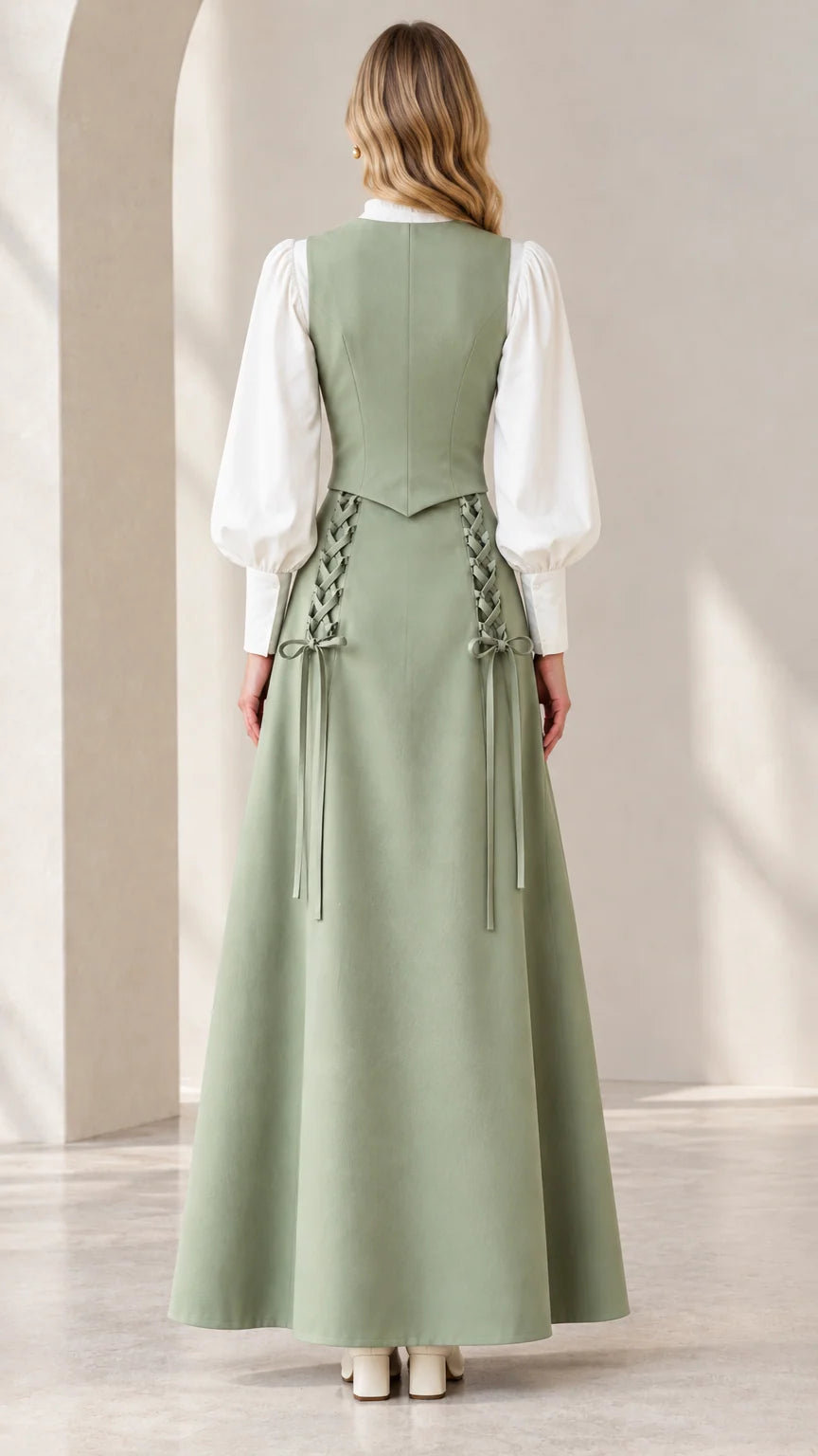 Back view of sage green tailored vest and maxi skirt set
