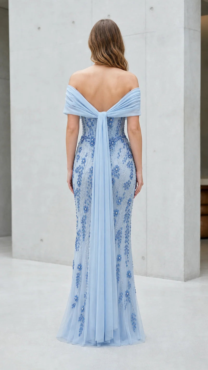Back view of Light Blue Evening Gown with draped train