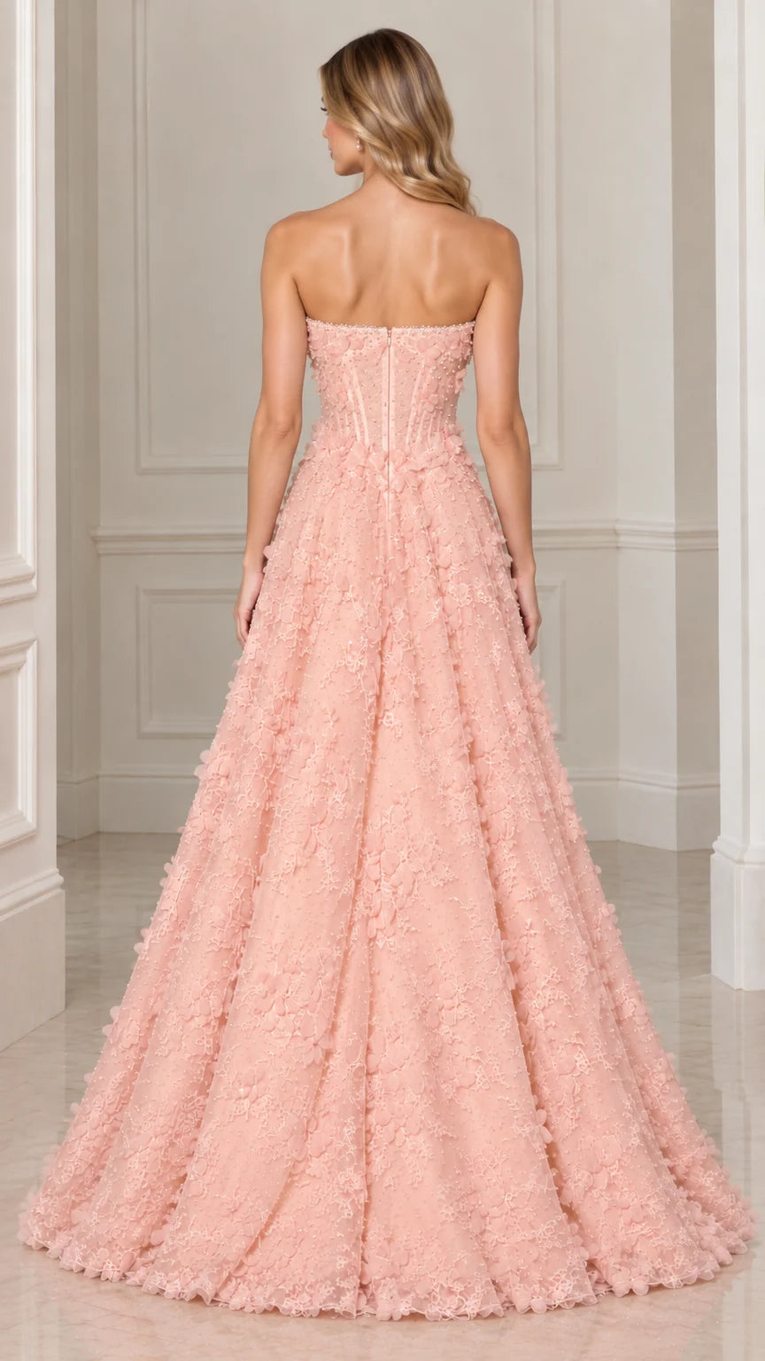 Back view of model in Blush Pink strapless corset evening dress