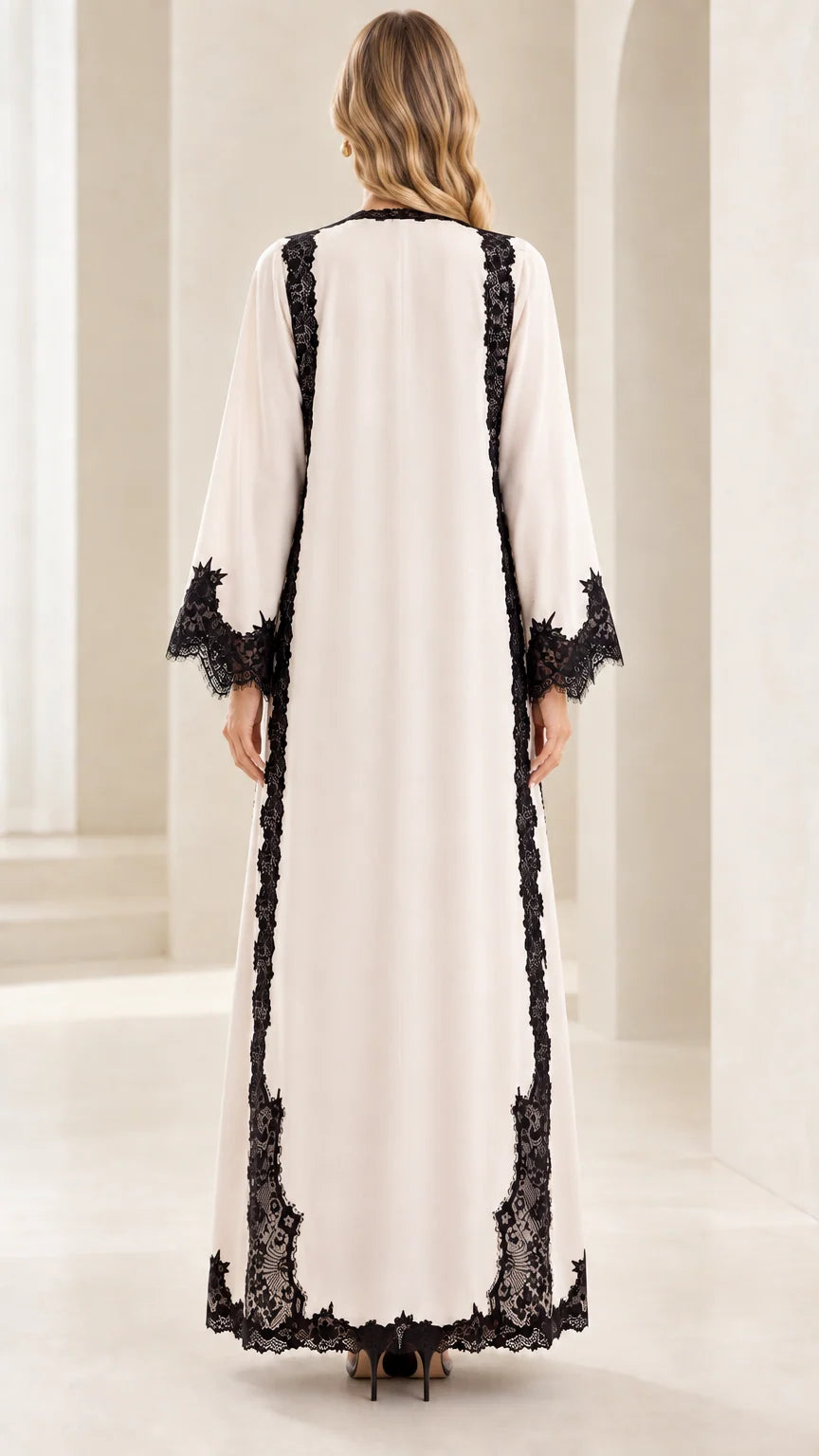 Back full-length view of cream modest maxi dress with lace detailing