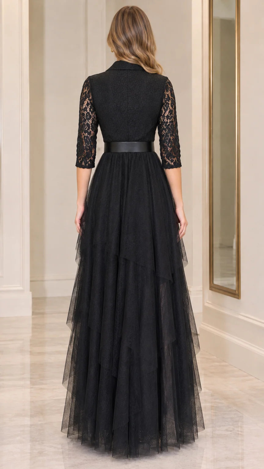 Back full-length view of black belted lace tiered evening maxi dress