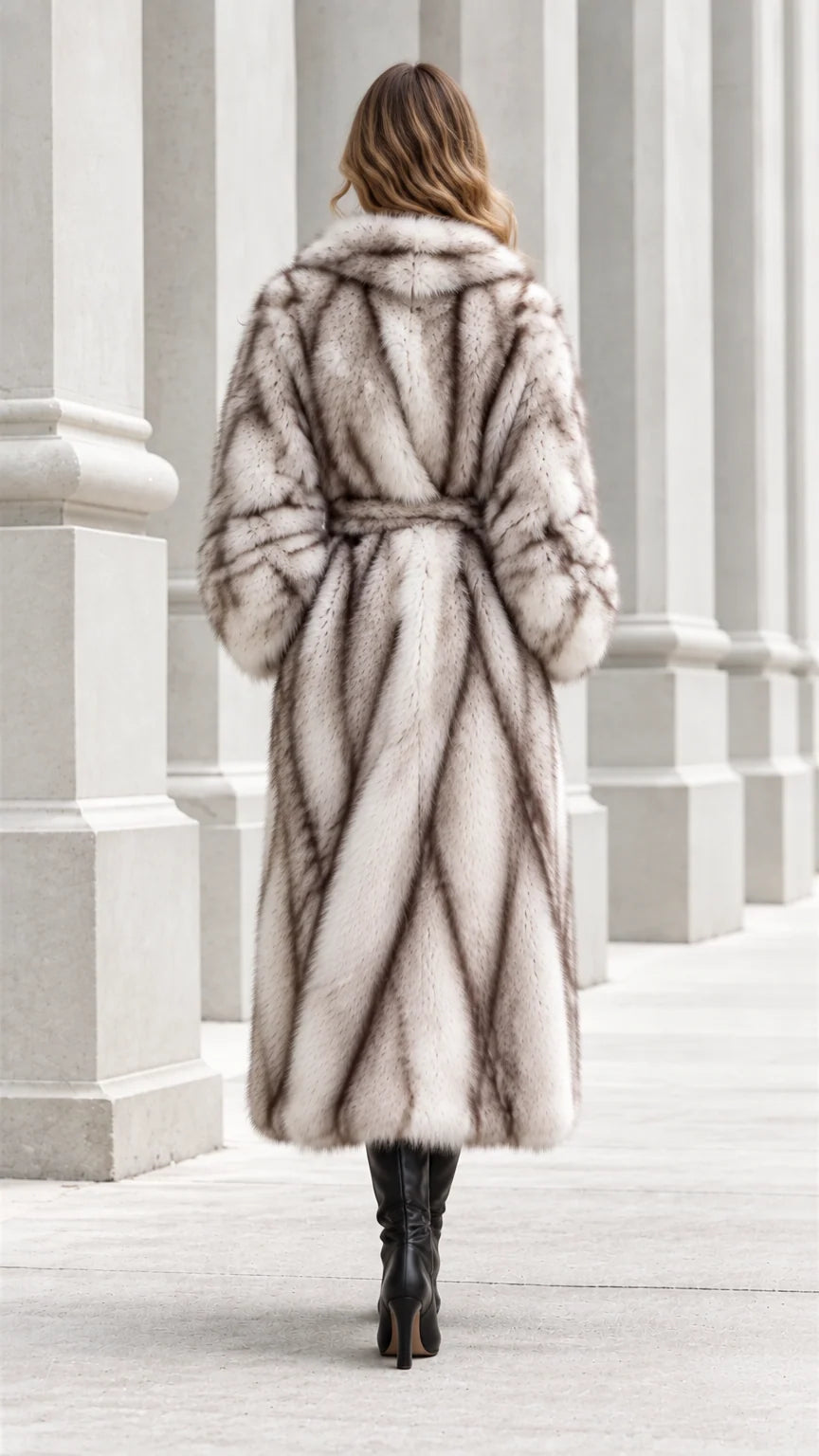 Back view of model showcasing diagonal chevron paneling on long Silver Frost faux fur coat