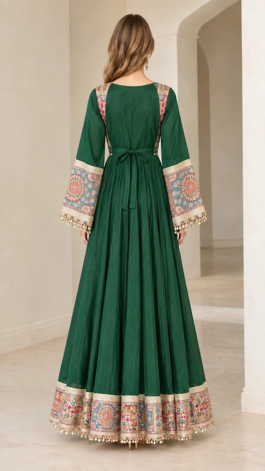 Emerald Green maxi dress back view showing waist tie belt