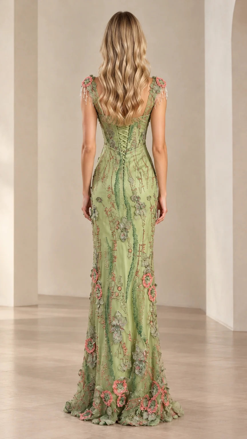 Back view of sage green embroidered corset evening dress