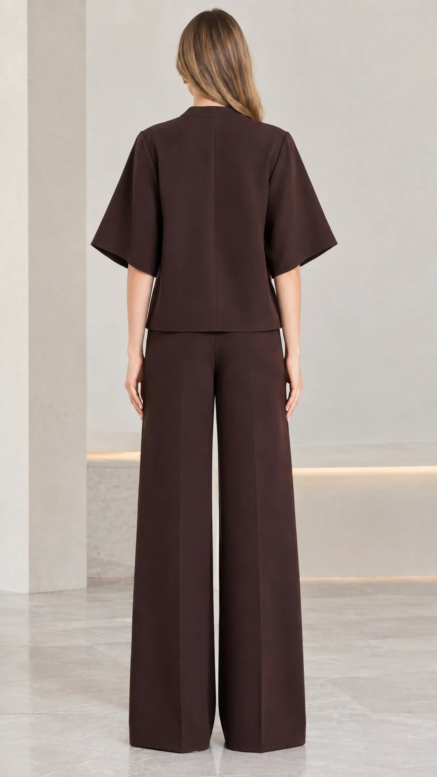 Back view of chocolate brown matching top and wide-leg pants set