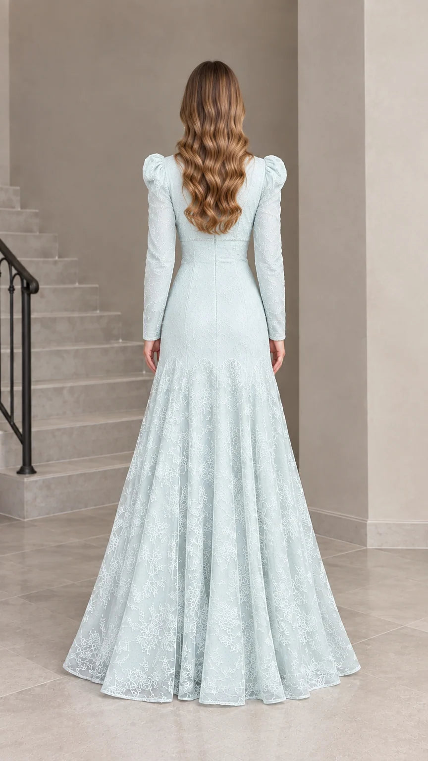 Ice blue long sleeve lace evening dress back view showing zipper and fit