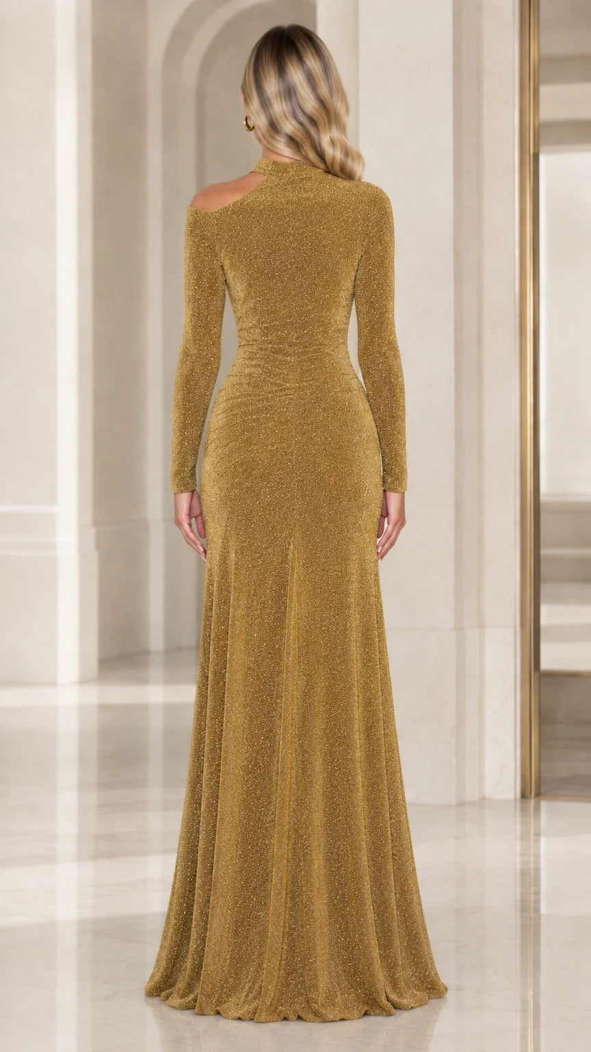 Back full-length view of gold metallic long sleeve formal evening gown