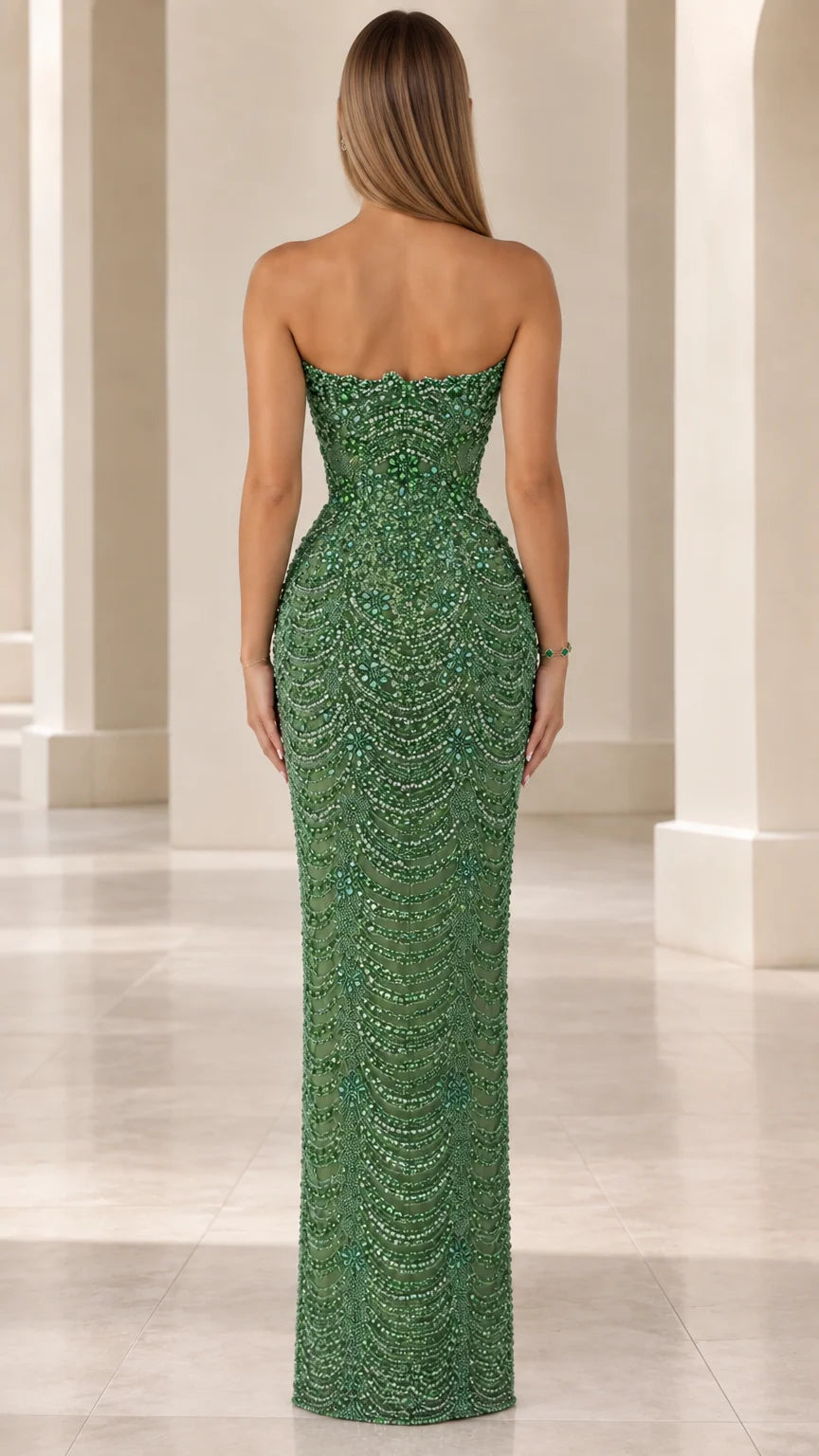 Back view of emerald green beaded strapless evening dress