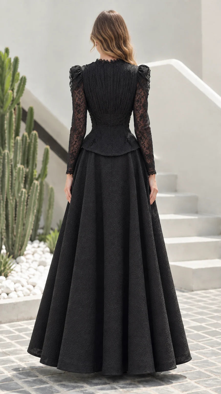Back view of black A-line evening maxi gown