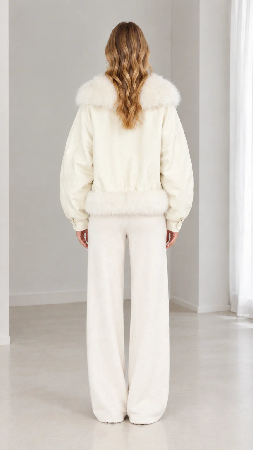 Back full view of cream faux-fur trimmed jacket and matching pants
