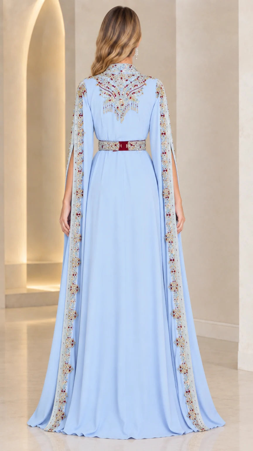 Light Blue Kaftan Dress back view highlighting embellished back motif and cape drape