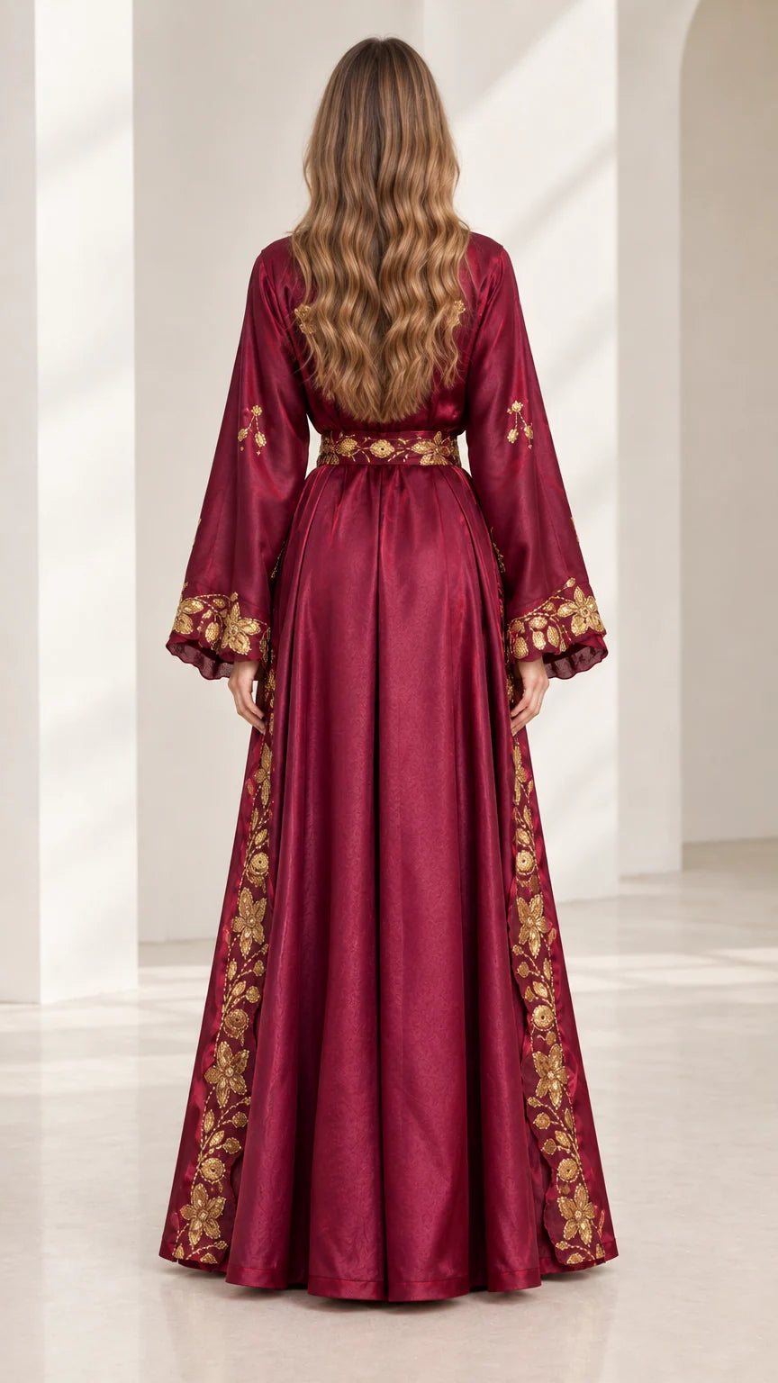 Back view of model wearing burgundy embroidered satin maxi dress