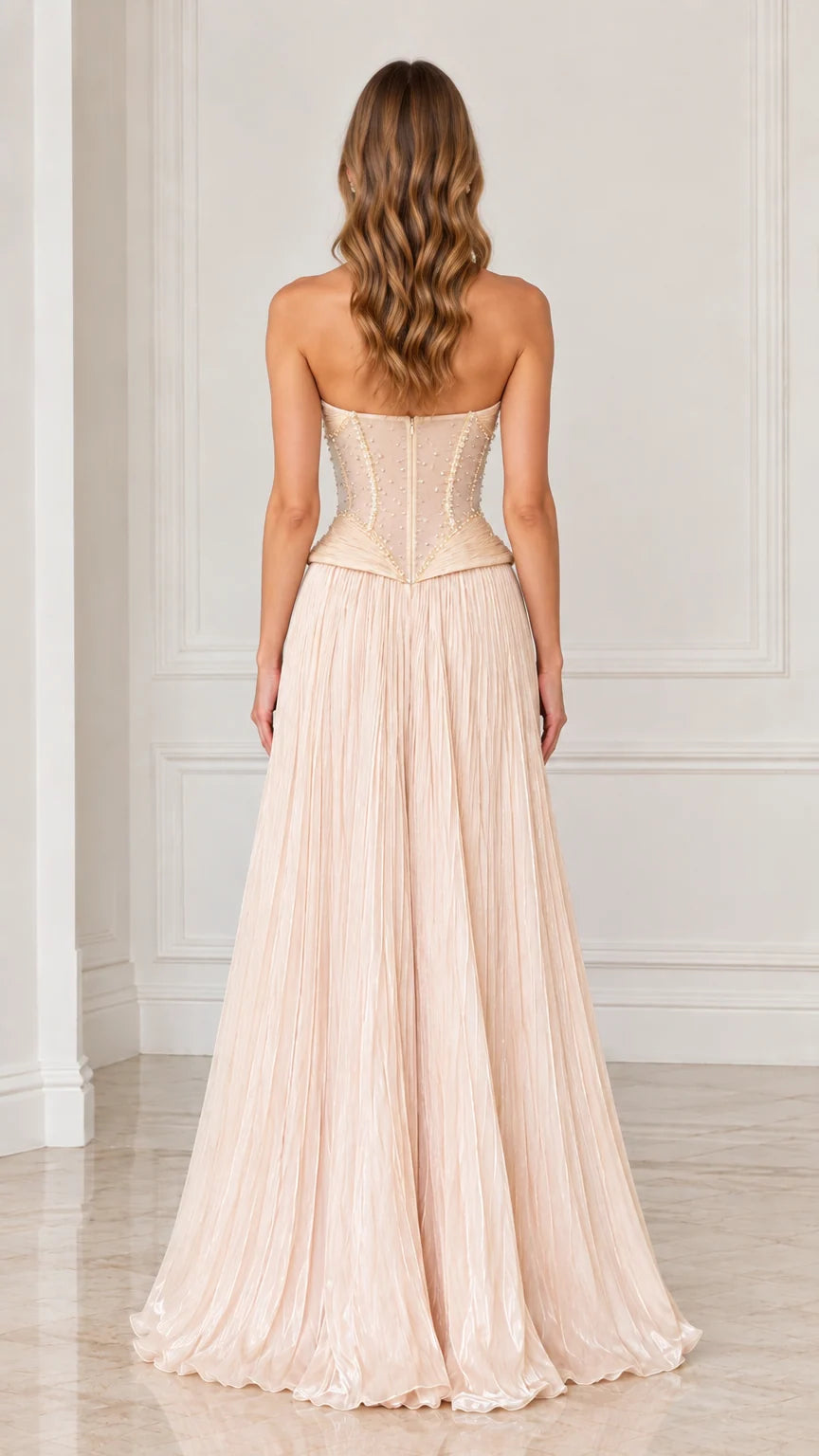Back view of Champagne strapless evening dress showing corset back details