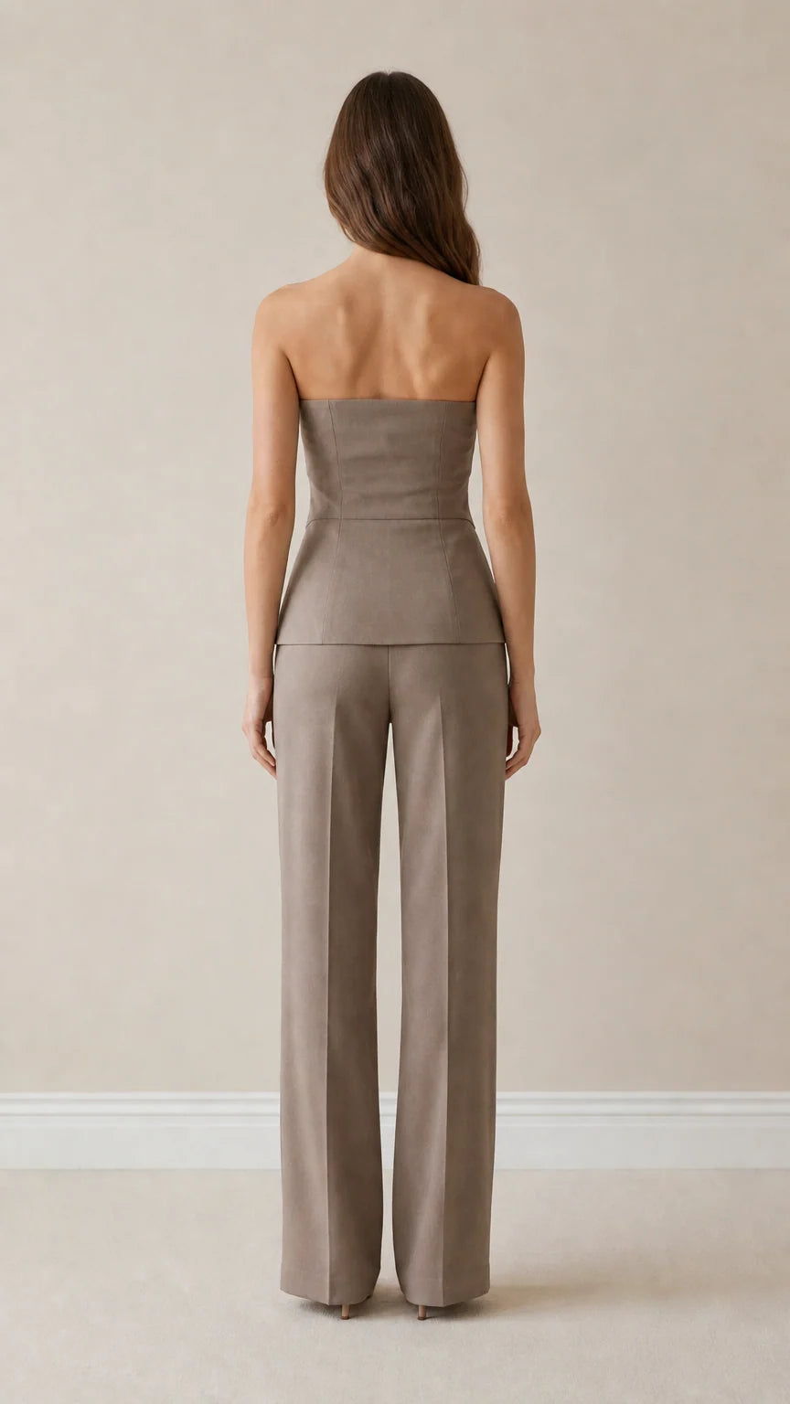 Back view of taupe pant set