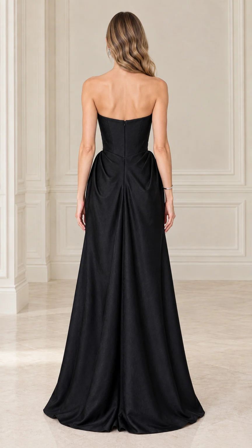 Model wearing black strapless satin corset maxi gown back view