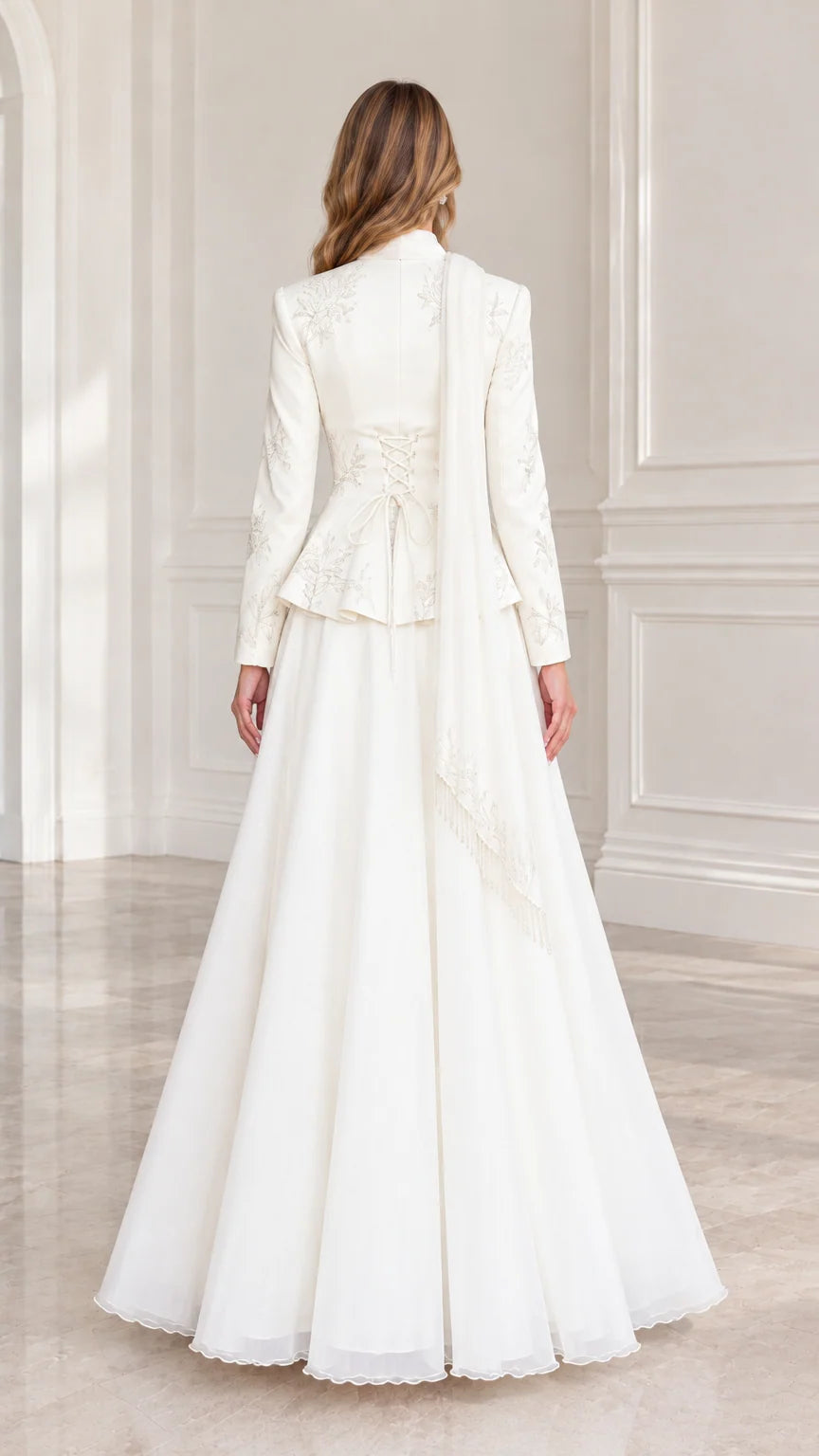 Back view of Ivory formal gown highlighting the lace-up corset back detail