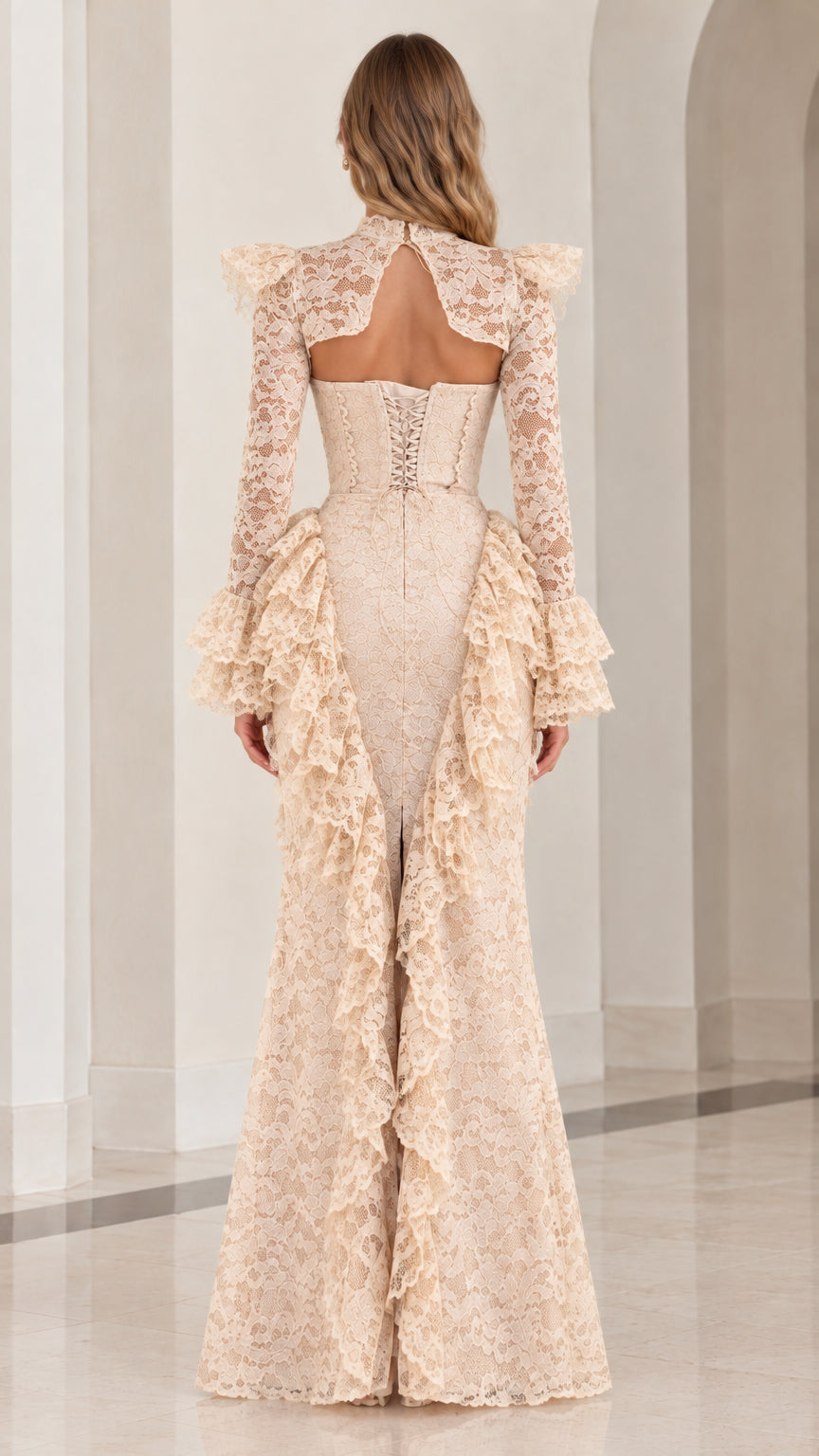Back view of Champagne lace evening gown showing keyhole cut-out and lace-up corset back