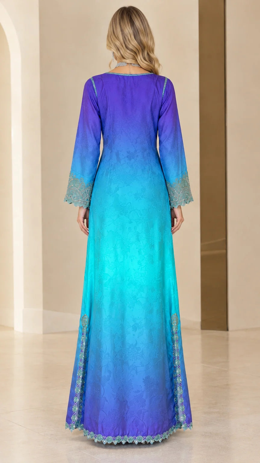 Back view of woman wearing long sleeve ombre blue kaftan dress
