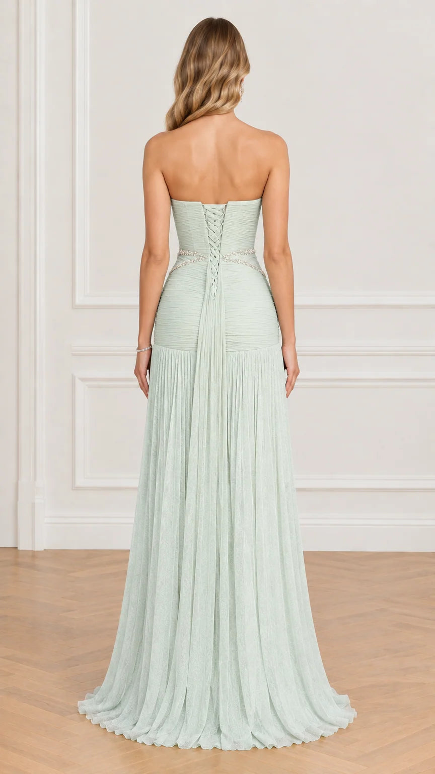 Back view of sage green evening dress showing lace-up corset closure