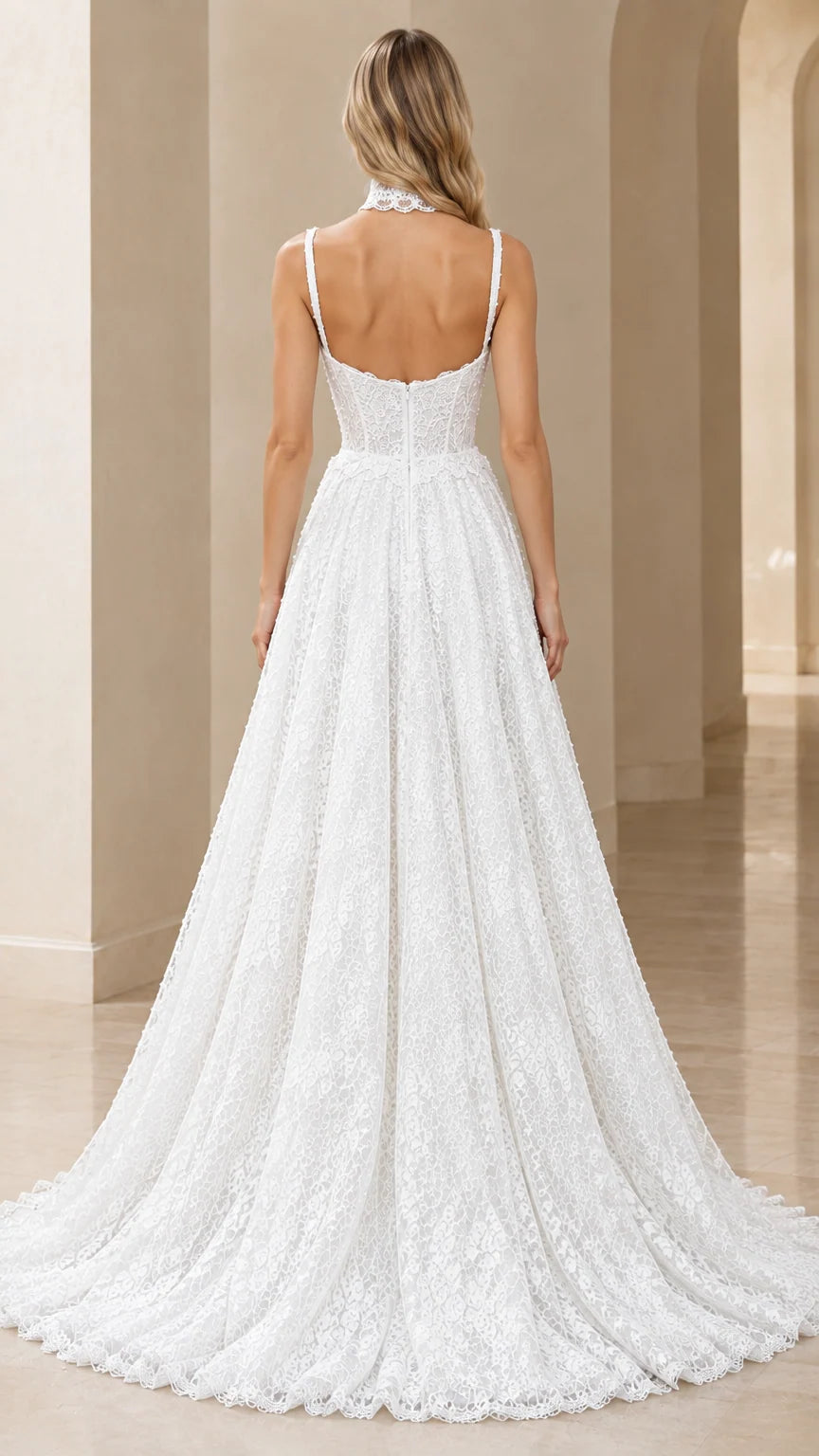 Back view of white lace gown showing low back cut and train