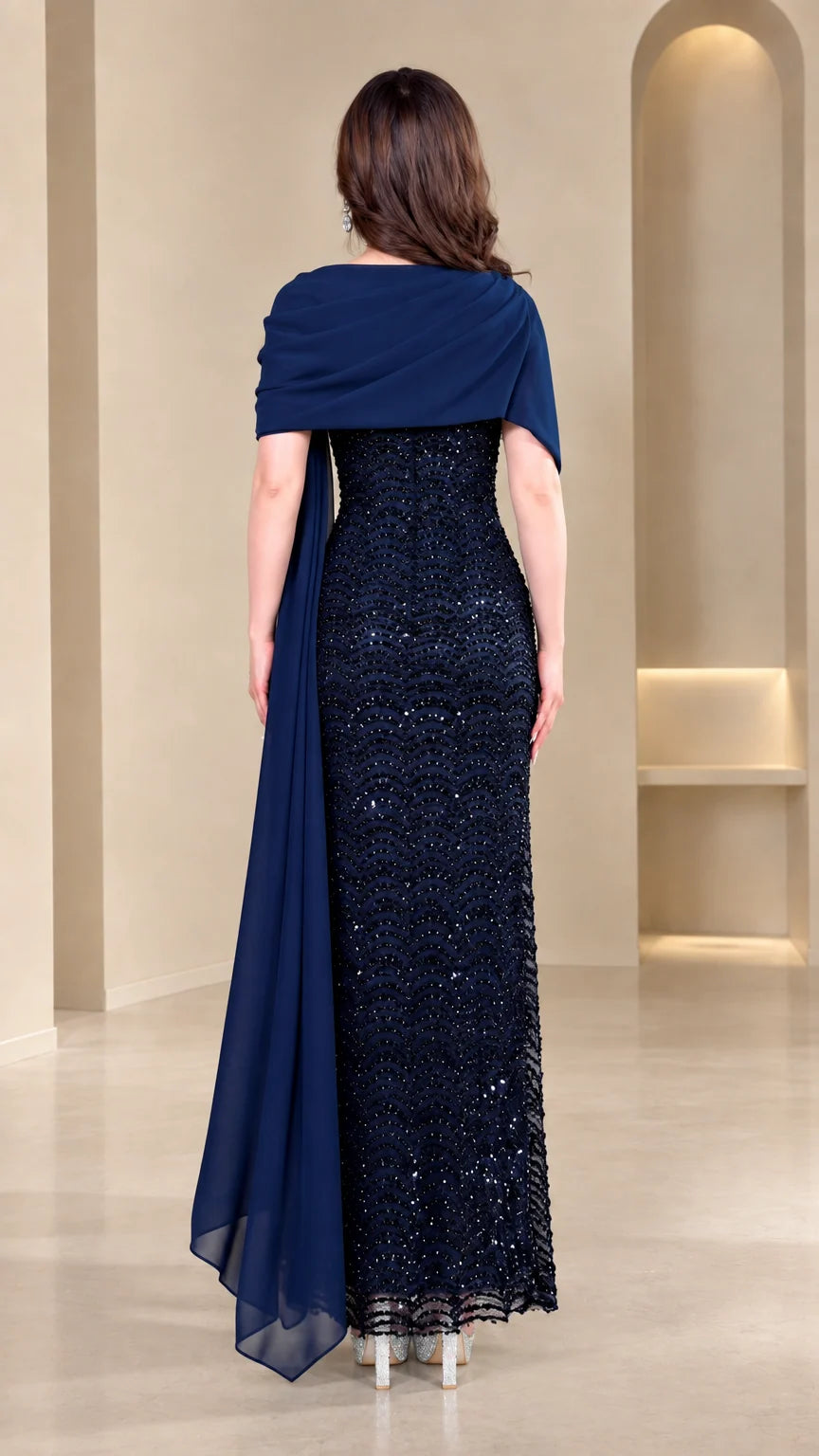 Navy Blue cape overlay sequin formal gown back view